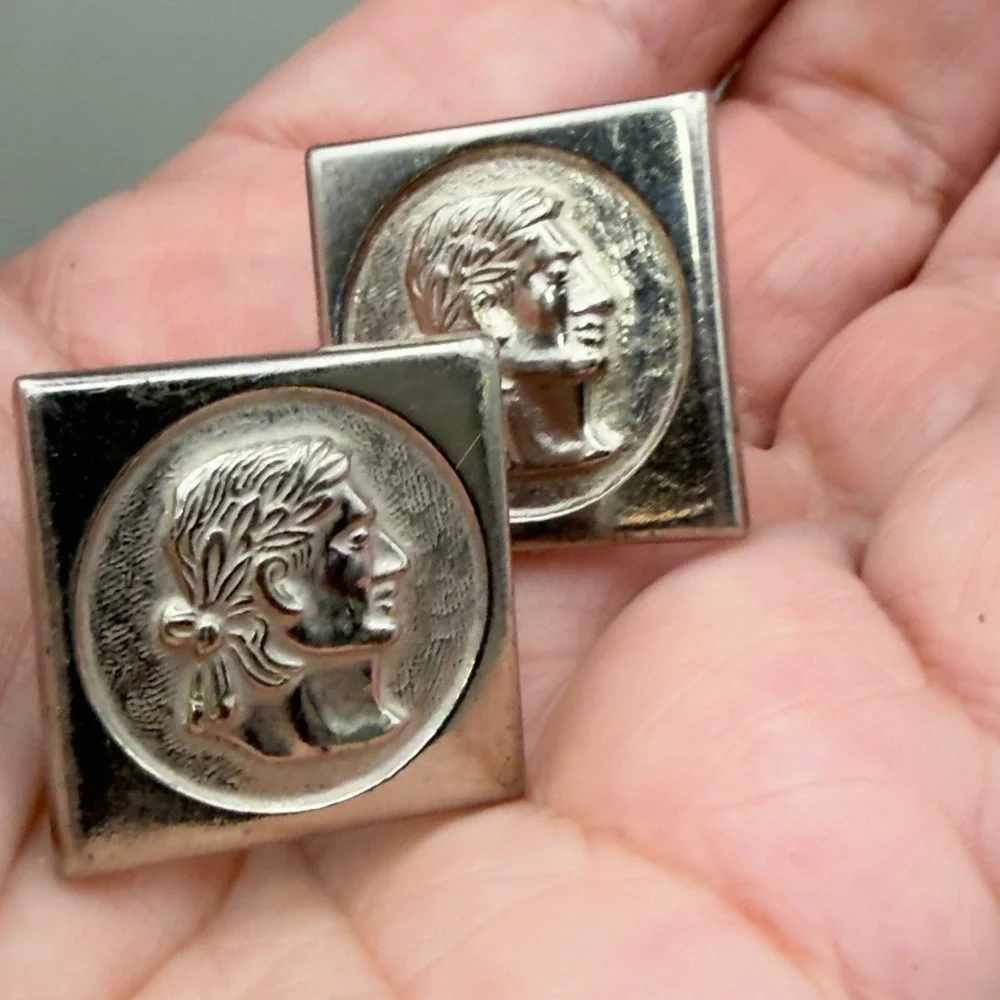 Cufflinks Greco-Roman Profile Coin Square Silver Tone Metal Mens Fixed Back